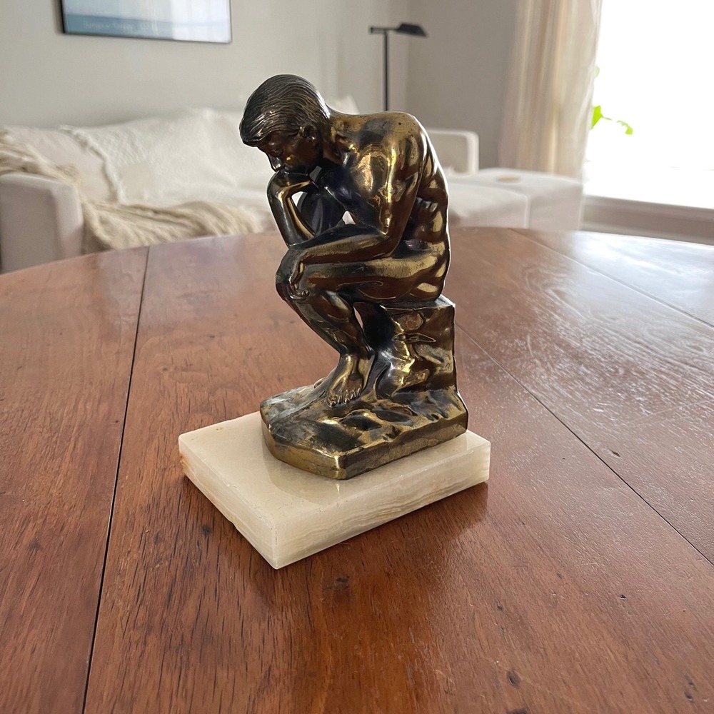 Antique The Thinker Bronze Finish & Marble Base Bookend